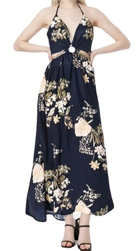 Image of Qikaka Women's Sleeveless Deep V Neck Floral Printed Metal Chain Bodycon Sexy Nightclub Party Boho Dress