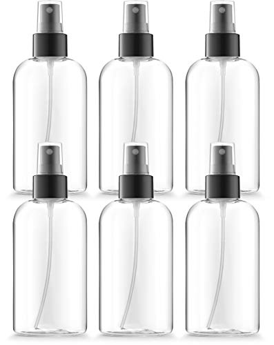 8 oz Boston Round clear plastic bottles, Black Fine Mist sprayers, BPA Free PETE1, Pack of 6
