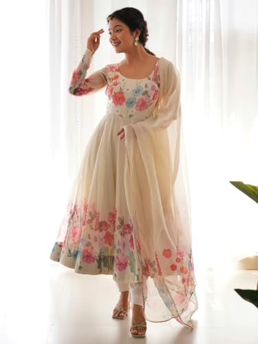 Image of Naixa Women's Organza Printed Straight Kurta with Pant and Dupatta Set (NK-401)