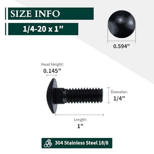 Image of 1 /4-20 x 1 Black Steel Carriage Bolts, 304 Stainless Steel 18-8, Round Domed Head Square Neck Carriage Bolts Screws, Coarse Thread UNC, 25 PCS