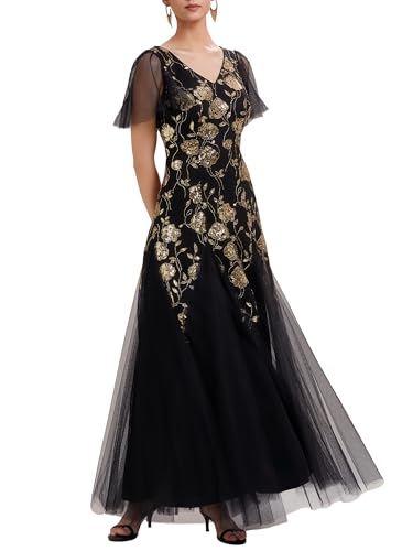 Ever-Pretty Women's V-Neck Formal Wedding Guest Dress Embroidery Ruffle Sleeves