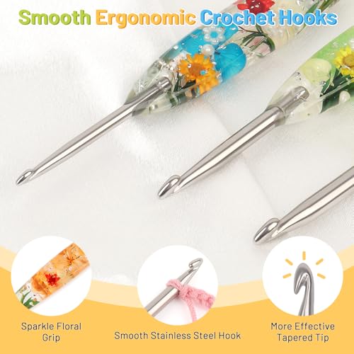 Image of Coopay Crochet Hook Set, 9 PCS Crochet Hooks with Case (2.5mm-6.5mm), Floral Resin Grips - Beautiful & Ergonomic, Great for Crocheting Blankets, Dolls, Shawls, Hats, Scarves (C-K)