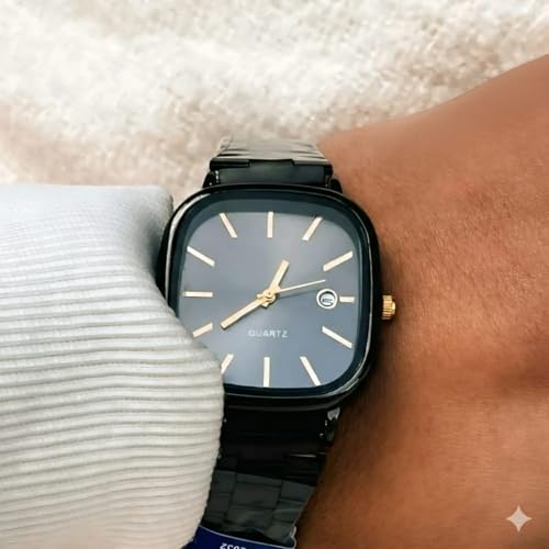 Classic Men's Watch, Black Square Frame, Stainless Steel Strap, Analog Display with Date, 30M Waterproof, Quartz Movement, Elegant Design for Events (Black)