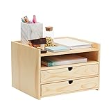 Wooden Desktop Organizer with Drawers, 3 Tier Office Storage (12.7 x 10.7 x 8.7 In)