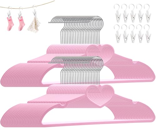 ZRKFSR Plastic Hangers 80 Pack, Pink Clothes Hanger with 10 Clips- Ultra Thin Space Saving with 360 Degree Swivel Hook -Strong Adult for Dress,Shirt,Coats