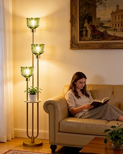 Image of Lightdot Glass Floor Lamp for Living Room 3-Lights Modern Gold Floor Lamp with Green Glass Shade 3000K Bulbs Included Unique Tall Standing Lamp with 5Lb Heavy Base for Bedroom /Sofa Beside /Corner Decor