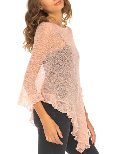 Image of SHU-SHI Women's Sheer Knit Poncho Shrug Lightweight Asymmetrical Ruffle Wrap Dressy Summer Shawl Cover Up Top
