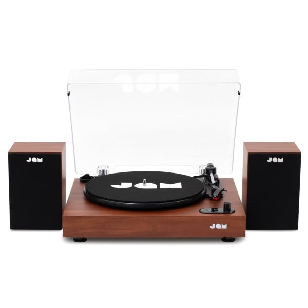 JAM Gramofon z głośnikami – gramofon Bluetooth z głośnikami regałowymi, 3-Speed odtwarzacz winylowy z ochroną przed kurzem, wstępnie ustawionym ramieniem dźwiękowym, w zestawie środek czyszczący do
