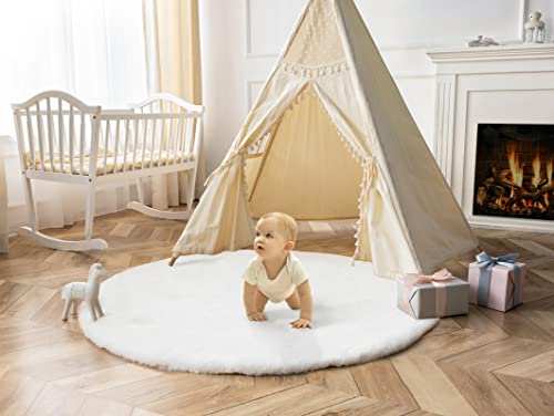 Ashler Home Deco Faux Rabbit Fur Rug, White 3x3 ft Round Fluffy Faux Fur Rug, Shaggy Area Rug for Bedroom, Living Room, Machine Washable Nursery Rug
