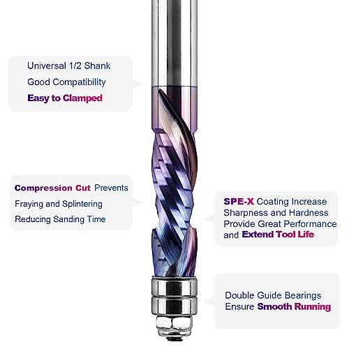 Spetool Up Down Compression Spiral Flush Trim Router Bit Bottom Bearing ,1/2 Inch Shank 1-1/2 Inch Cutting Length Solid Carbide Flush Trim Router Bits #TOP3