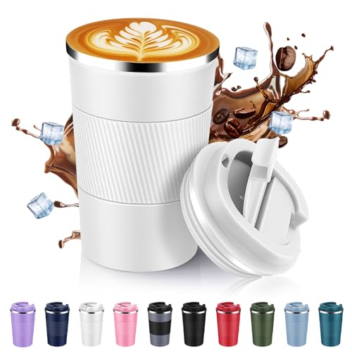 Volhoply Tasse à café de voyage isotherme en acier inoxydable de 390 ml avec couvercle à rabat, tasse à café réutilisable à double paroi sous vide, portable pour boissons chaudes et froides (blanc, 1)