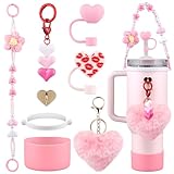 for Stanley Cup Accessories Set,Water Bottle Handle Strap, Siliocne Boot, Pink Straw Cover, Heart Charms, Straw Topper for Stanley Cup 40oz & 30oz Tumbler 8 Pcs