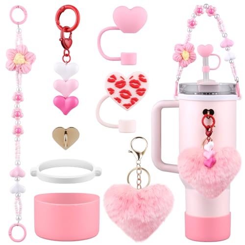 for Stanley Cup Accessories Set,Water Bottle Handle Strap, Siliocne Boot, Pink Straw Cover, Heart Charms, Straw Topper for Stanley Cup 40oz & 30oz Tumbler 8 Pcs