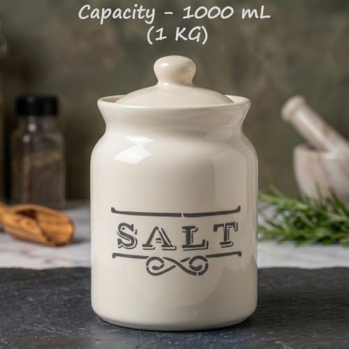 Image of D'Maiolica Ceramic Pickle Kitchen Jars in 1000ml | HandCrafted 1 kg Achaar Martban Barni | Ceramic Storage Containers | Jars for Achar, Spices, Salt (set of 2) (Classic Salt Snow)