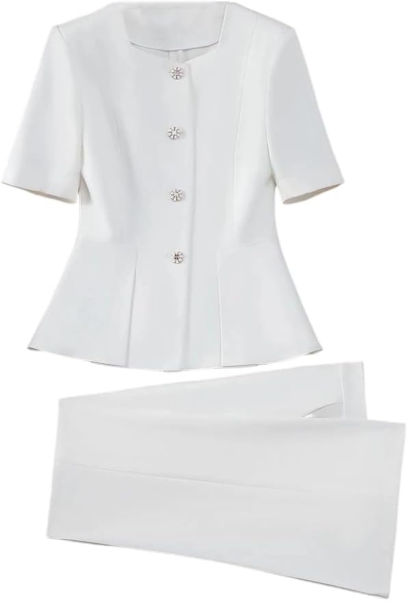 Womens Two Piece Blazer and Trouser Suit Short Sleeve Jacket Pant Set for Office Business Workwear