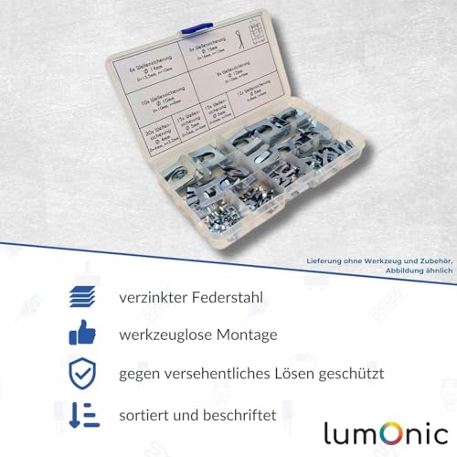 Lumonic I SL-Sicherungen Set I 92 Teile I 4-16mm I verzinkter Federstahl I für Wellen und Bolzen I Wellensicherung Sortiment I einfache, werkzeuglose Montage