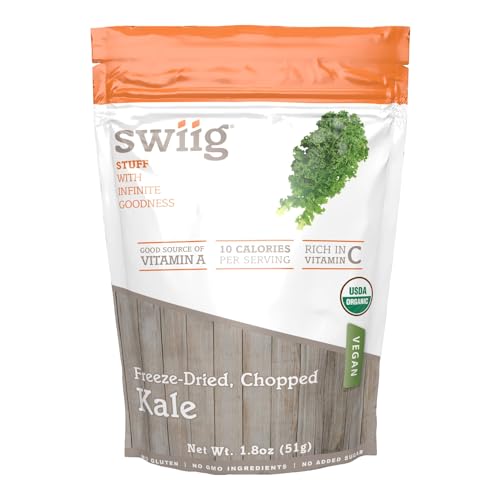 swiig Freeze-Dried, Chopped, Diced Kale, Raw, Vegan, No Added Sugar or Oils, No Gluten, No GMO Ingredients, 1.8 Ounce Bag