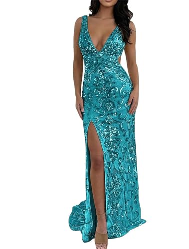 ORRCIGH Vestido largo de lentejuelas brillantes para mujer, cuello en V, vestido formal sin espalda, vestido de cóctel con abertura WPX089, Teal, 46