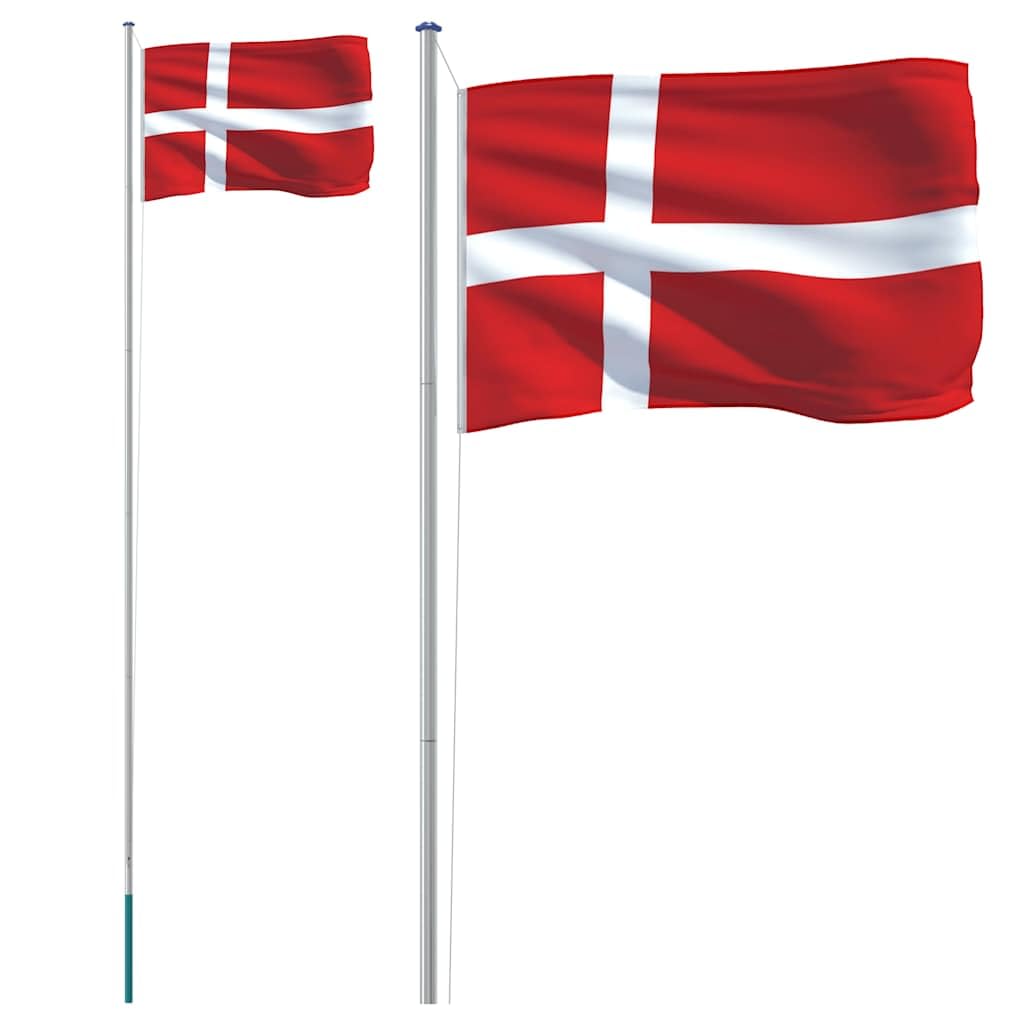 Flagge Dänemarks mit Mast 6,08 m Aluminium wetterfestes Fahnen-Set für Garten Balkon Terrasse mit Halterung, Ösen, Karabiner, Seil und Bodenhülse ideal für Party Festival Feier