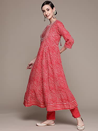 Image of ishin Women's Cotton Blend Embroidered Anarkali Kurta set with Trouser & Dupatta