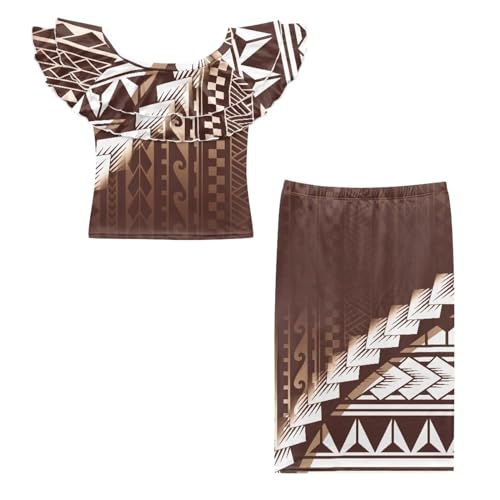 Polynesian Puletasi Samoan Traditional Women's Ruffle Off Shoulder Top Skirt 2pcs Set Long Party Maxi Dress Set 5