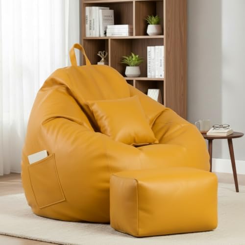 Image of KAM'S LIEU 5XL Luxury Faux Leather Bean Bag with Footrest & Cushion | Pre-Filled High-Density Polystyrene Beans | Premium Leatherette | 6 Months Warranty Color- (Yellow, with Footrest)