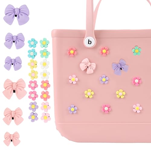 Kexinglu 22Pcs Bow and Flower Charms for Bogg Bag, Colorful Decoration for Simply Southern Beach Tote, Insert Accessory for DIY Your Rubber Beach HandBag