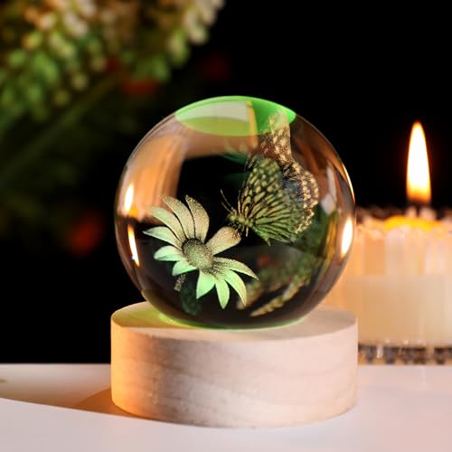 ZRENJHUS 3D Butterfly Crystal Ball Butterfly in Glass Ball 60mm Decorative Gifts for Women with Multicolor Lighting Base