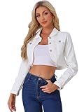Allegra K Denim Jacket for Women's 2025 Casual Collared Long Sleeve Crop Jean Jackets X-Large White