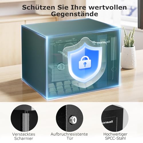 Bonsaii Tresor mit Schlüssel, 6,6 L Safe Tresor mit Stahlkonstruktion für Bargeld, Schmuck und Wertsachen, 17 x 23 x 17 cm, geeignet für Zuhause, Büro und Hotel