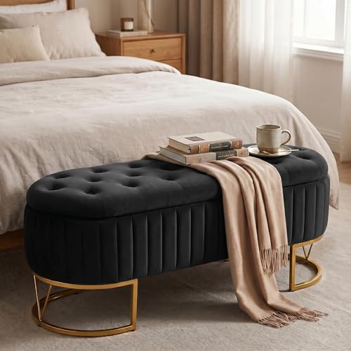 DRKAT Velvet Oval Upholstered End of Bed Bench with Golden Metal Legs, 46' Modern Tufted Storage Ottoman Bench for Bedroom, Living Room, Entryway, Window, Black