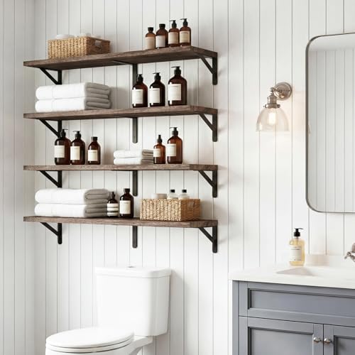 Image of YGEOMER Floating Shelves for Wall, 35in Brown Wall Shelves for Living Room, Bathroom, Bedroom, Kitchen, Home Decor (Set of 4)