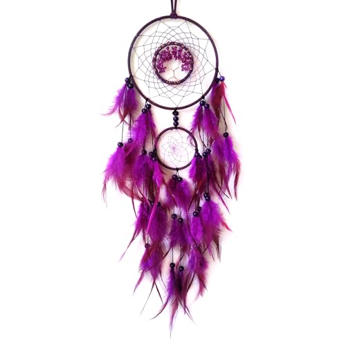 Donko Purple Dream Catcher Wall Decor Crystal Tree of Life Dream Catchers Handmade Feather Dreamcatcher Wall Hanging Ornament for Bedroom Living Room Home Decor
