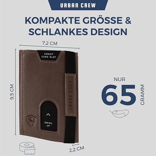 Image of URBAN CREW Smart Slim Wallet for Men - RFID Blocking Leather Card Holder with Swipe-Up Slot & Elastic Strap - Minimalist Front Pocket Wallet (Brown)