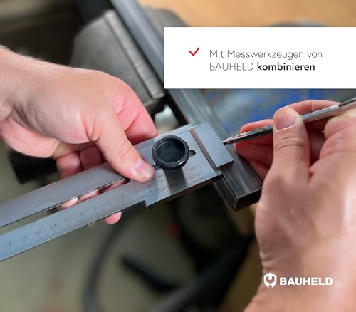 BAUHELD® Stahllineal 300mm - EG-1 - [Made in Germany] - Metall-Lineal mit Messskala in Zoll und Zentimeter - Stahl-Maßstab aus rostfreiem Edelstahl - 30 cm Anreißlineal inklusive Aufhängelochung