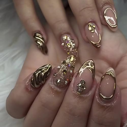 Image of Almond False Nails,30PCS Nude Press on Nails with Gold Design, Full Cover Artificial Fake Nail Art Accessories for Women Girls (Nude,Gold)