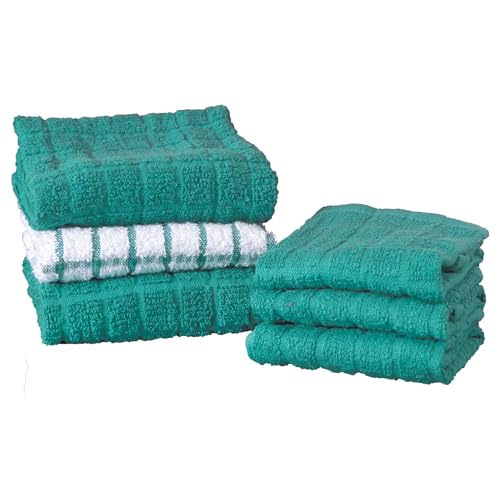 Ritz Premium Kitchen Towel and Dish Cloth Value Set: Highly Absorbent, Super Soft, Long-Lasting, 100% Cotton Checked and Solid Hand Towels, Tea Towels, Bar Towels - 6 Pack, Teal