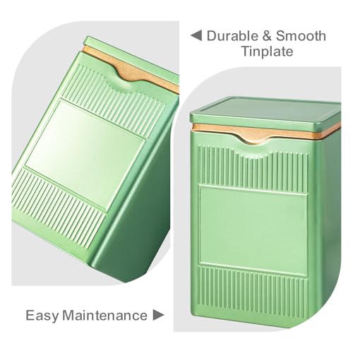JOYLULU Tea Tin, Premium Tight Sealing Metal Canister with Press On Lid, Storage Tin for Loose Leaf, Tea Bags, Coffee Beans & Spices, Ideal for Kitchen Countertop & Pantry, Green Square Tinplate Can