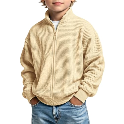 JOFOW Boys Waffle Knit Full Zip Stand Collar Jacket Kids Sweatshirts Beige - image 1