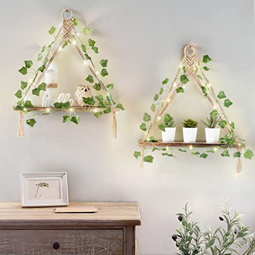 Mkono Artificial Ivy Macrame Hanging Shelves With Lights Set Of 2 Boho Wall Decor Display Plants Photos Wood Floating Storage Shelf For Bedroom Bathroom Living Room Nursery Dorm Kitchen, Brown #TOP2