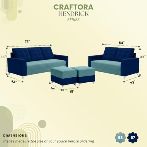 Image of Hakuna Dual Tone Plush Velvet 3 Seater + 2 Seater Sofa Set with 2 Ottoman | Silken Velvet Suede Upholstery | Designer Sofa for Living Room & Office Spaces (Dark Blue & Sky Blue)