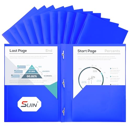 SUIN Plastic Project-Folders with 2 Pockets & 3 Prong, Bulk Pack Project File-Folder for US Letter Size Papers, Ideal for School & Office, Assorted Pastel Colors (Blue)