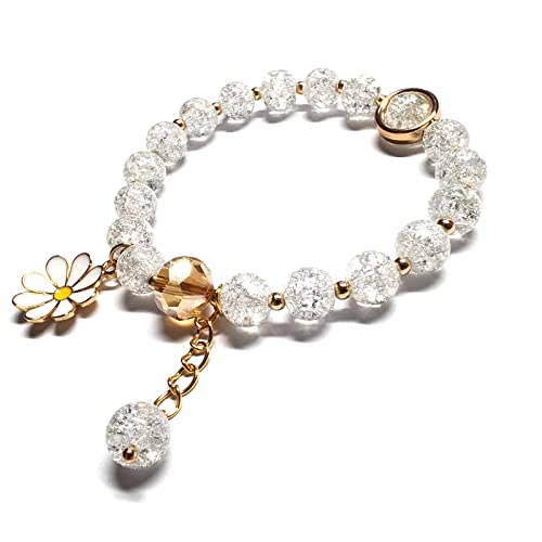Image of Glazed Flowers Crystal Bead Bracelets 8mm Gemstone Beaded Stretch Bracelet with Flower Bracelet for Women