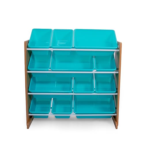 Humble Crew Kids Toy Storage Organizer with 12 Plastic Bins, Natural Wood/Aqua – Removable Bins for Playroom, Bedroom, Toddler Furniture for Boys and Girls Ages
