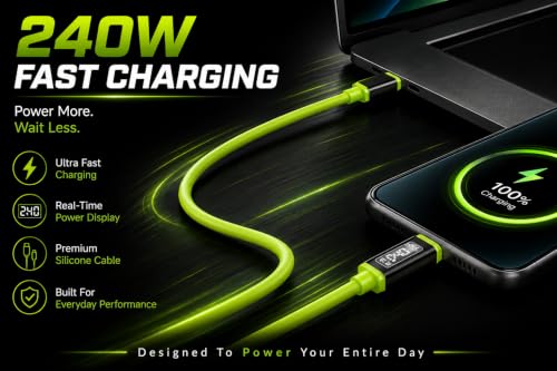Image of USB-C to USB-C 240W PD Fast Charging Cable, 2M Silicone, Digital Power Display, Super Fast Charging & High-Speed Data Sync, Durable Tangle-Free Charger Cable Compatible with All Device