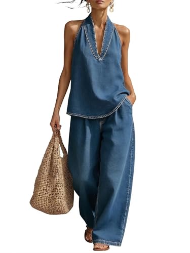 rorila Cozy Minimalist Two-Piece Denim Set - Halter Neck Top