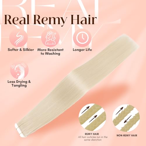 Image of Elailite Tape in Hair Extensions Human Hair Thick Real Remy Hairpieces Platinum Blonde 20 Inch 50g 20pcs Straight Invisible Seamless Skin Weft Best Tape for Women