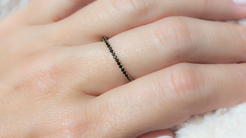Dainty Black Onyx Ring - Stackable band - 14K Gold Vermeil over Sterling Silver - Delicate Everyday Ring - Black Gemstone - GJH0012