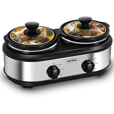 Dual Pot Slow Cooker, 2 Pot Small Mini Crock Buffet Server and Warmer, Double Pot Buffet Food Warmer Adjustable Temp Lid Rests Stainless Steel, Total 2.5 Quarts Cover