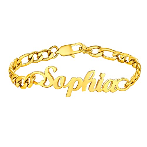 PROSTEEL Gourmette Femme Plaqué Or 19cm avec Prénom, Chaîne Bracelet Figaro 6mm Personnalisable